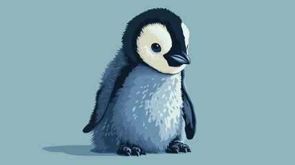  a small penguin with a black and white face and a black beak is standing in front of a light blue background with a black and white spot on its head.