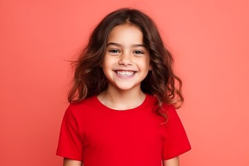 Portrait of a cute little girl with long curly hair smiling over red background