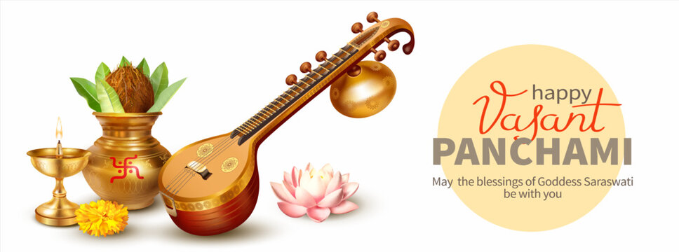 Greeting banner with veena, kalash (pot) and diya (oil lamp) for Indian festival Vasant Panchami (Saraswati Jayanti) dedicated to Devi Saraswati (goddess of art, knowledge and wisdom. Vector.