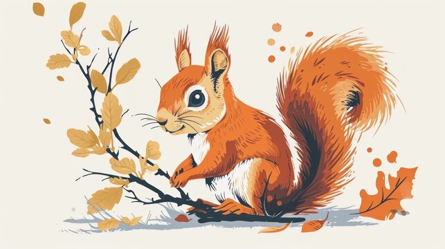  a painting of a squirrel on a branch of a tree with leaves and acorns in the foreground, on a white background, with a white background.