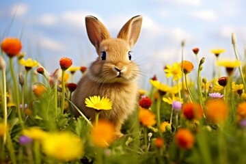 colorful bunny in spring meadow. Generative AI