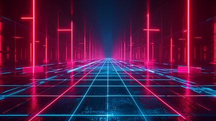 Cyan blue and red grids neon glow light grid backdrop design with creativity, virtual reality concept, hi-tech abstract backgroud