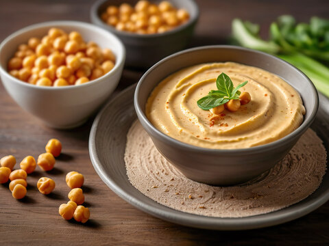 A Rustic Presentation of Creamy Hummus Garnished with Fresh Herbs and Chickpeas on a Wooden Surface