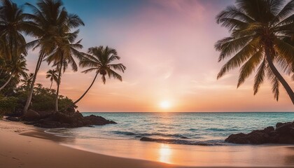 Fototapeta na wymiar Sunset Serenity at a Tropical Beach with Palm Trees