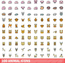100 animal icons set. Color line set of animal vector icons thin line color flat on white