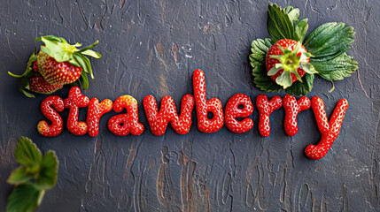 The word "strawberry" is artistically crafted from red strawberries with green leaves, on a dark, textured background.