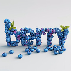 The word "berry" made from an array of realistic blueberries, with leaves, on a light background.