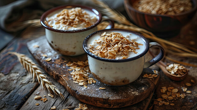 of  rustic bowl of cereal and milk 