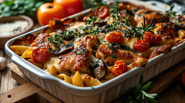 baked chicken with mushrooms and pasta in casserole dish 