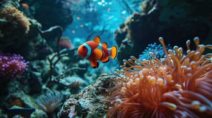 Naklejka na ściany i meble a clown fish swimming in an aquarium with anemone and anemone anemone in the foreground and anemone anemone in the background.