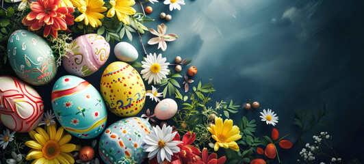 Vibrant Easter Eggs and Spring Flowers Composition