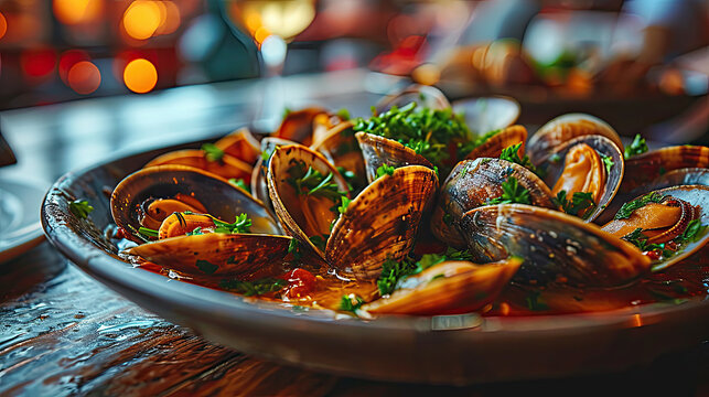 plate of clams in sauce with herbs 