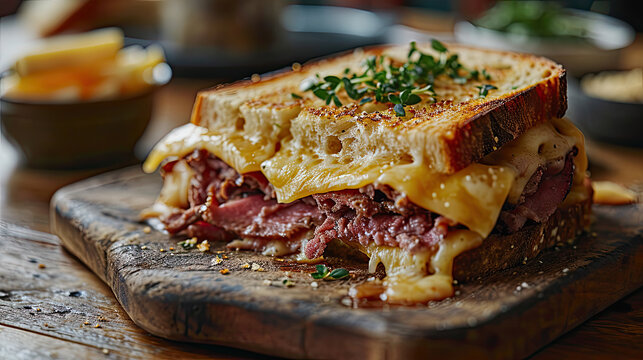 toasted bread corned beef sandwich with melted cheese on rustic wood board 