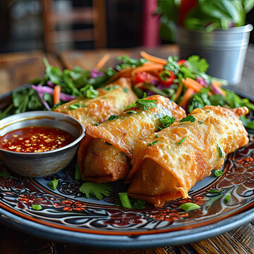 perfectly fried chinese egg rolls with red sauce and garnish on plate