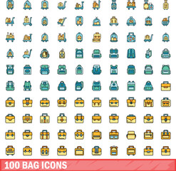 100 bag icons set. Color line set of bag vector icons thin line color flat on white