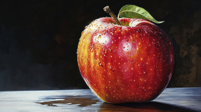  a painting of a red apple with a leaf on it's tip and water droplets on the bottom of the apple, on a dark background with a spotless surface.