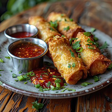 perfectly fried chinese egg rolls with red sauce and garnish on plate