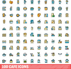 100 cafe icons set. Color line set of cafe vector icons thin line color flat on white