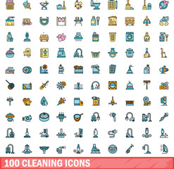 100 cleaning icons set. Color line set of cleaning vector icons thin line color flat on white