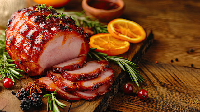 perfectly baked ham sliced on rustic wood cutting board with garnishes 