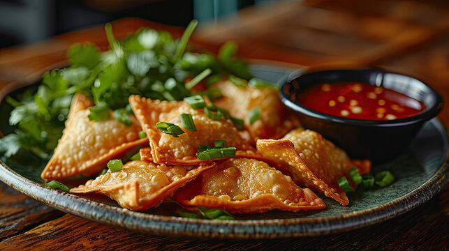 Chinese fried wontons on plate with sauce and garnish