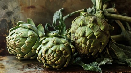 Fototapeta premium a pile of artichokes sitting on top of a wooden table next to other artichokes on top of a counter top of a wooden table.