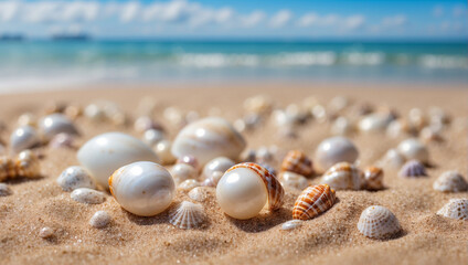 Fototapeta na wymiar shell pearls on beach sand with a blurry beach background. backdrop with copy space