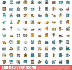 100 delivery icons set. Color line set of delivery vector icons thin line color flat on white
