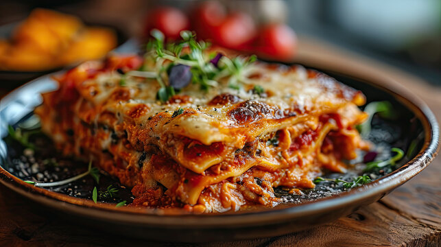 square slice of Italian lasagna with garnish on plate 