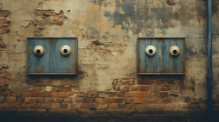Boxes on building with eyeballs - lifelike - quirky humor