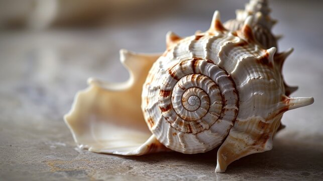  a close up of a sea shell on a gray surface with only the shell facing the viewer and the shell facing the viewer, with only the shell facing left side of the shell.