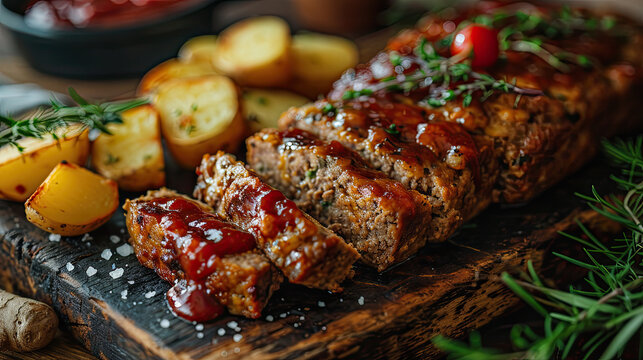 meatloaf slices with potatoes with garnish 