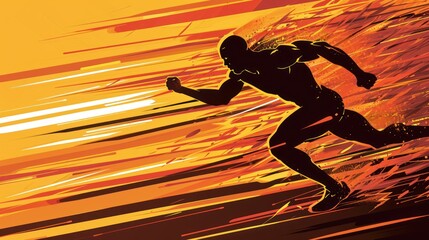  a man riding a surfboard on top of a wave in front of an orange and yellow background with a red and yellow sun in the middle of the background.