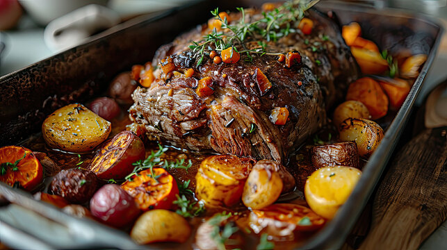 perfectly cooked pot roast surrounded by potatoes and garnished with herbs