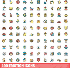 Fototapeta premium 100 emotion icons set. Color line set of emotion vector icons thin line color flat on white