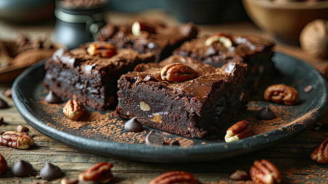 plated slice of brownie with nuts on rustic wood table 