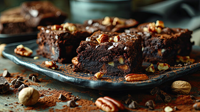 plated slice of brownie with nuts on rustic wood table 