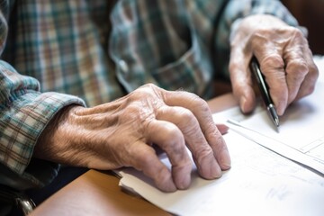 closeup of the hands of a disabled man signing paperwork