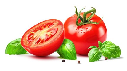 Tomato isolated. Tomato whole, half, on white background. Tomatoes with green basil leaves