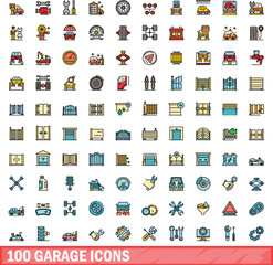 100 garage icons set. Color line set of garage vector icons thin line color flat on white