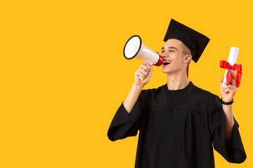 Male graduate student with diploma shouting into megaphone on yellow background - obrazy, fototapety, plakaty