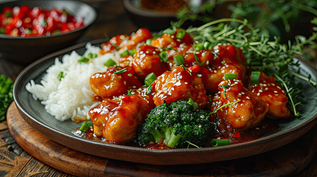 Chinese plate of sweet and sour chicken with white rice