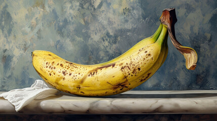  a painting of a banana sitting on a marble slab with a blue wall behind it and a piece of cloth on the edge of the edge of the edge of the table. - obrazy, fototapety, plakaty