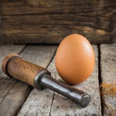An egg next to a mallet on an old wooden table