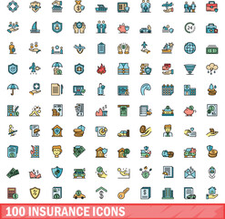 100 insurance icons set. Color line set of insurance vector icons thin line color flat on white