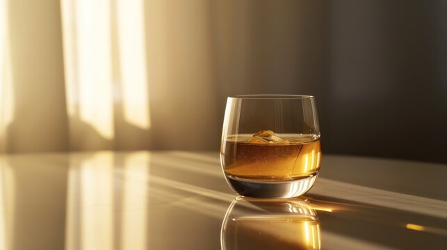  a close up of a glass of alcohol on a table with a light shining on the glass and the glass has ice cubes in the middle of the glass.