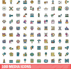 100 media icons set. Color line set of media vector icons thin line color flat on white