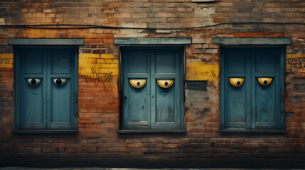 Brick wall - boarded windows - given eyes to make them appear to be faces - quirky humor - offbeat charm 