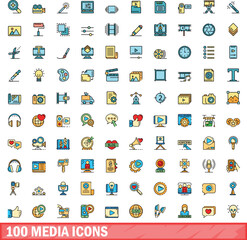 100 media icons set. Color line set of media vector icons thin line color flat on white