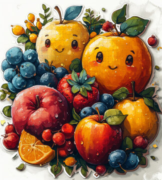 Painting of Apples, Oranges, and Berries. A vibrant painting depicting a variety of apples, oranges, and berries.